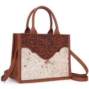 TR178G-8899 Trinity Ranch Hair On Cowhide Floral Tooled Concealed Carry Tote/Crossbody - Brown