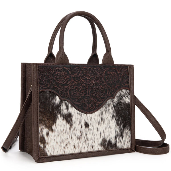 TR178G-8899 Trinity Ranch Hair On Cowhide Floral Tooled Concealed Carry Tote/Crossbody - Coffee