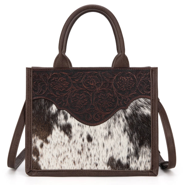 TR178G-8899 Trinity Ranch Hair On Cowhide Floral Tooled Concealed Carry Tote/Crossbody - Coffee