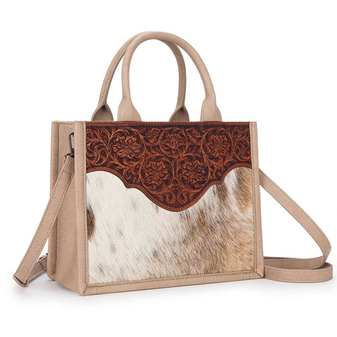 TR178G-8899 Trinity Ranch Hair On Cowhide Floral Tooled Concealed Carry Tote/Crossbody -Tan