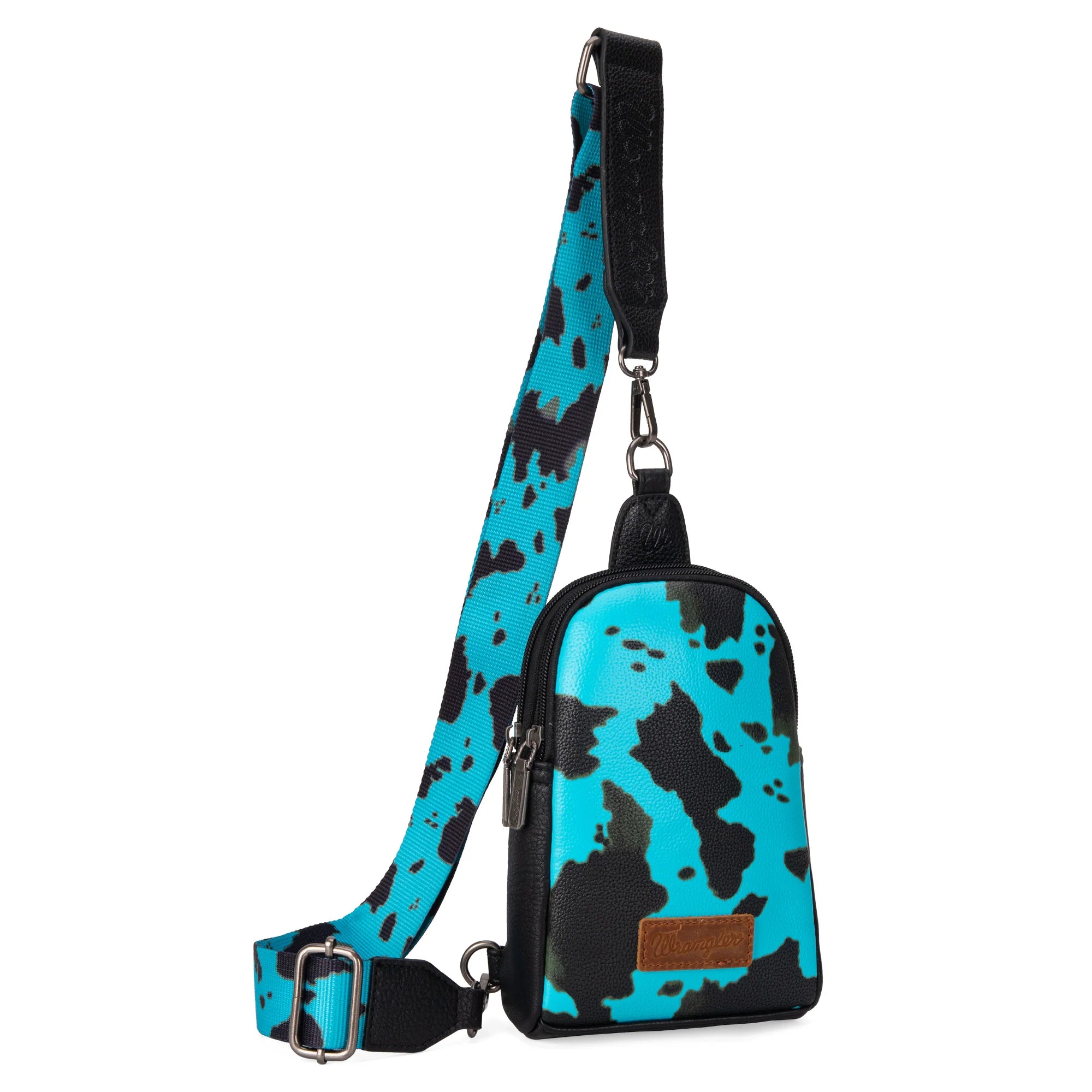 WG133-210 Wrangler Cow Print Crossbody Sling Chest Bag -Turquoise