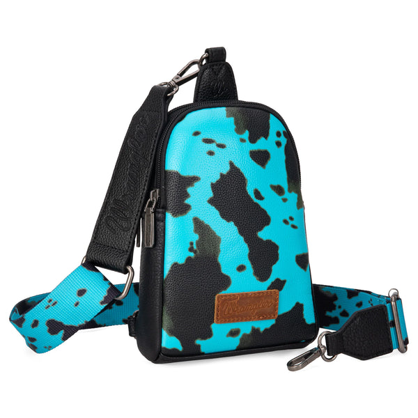 WG133-210 Wrangler Cow Print Crossbody Sling Chest Bag -Turquoise