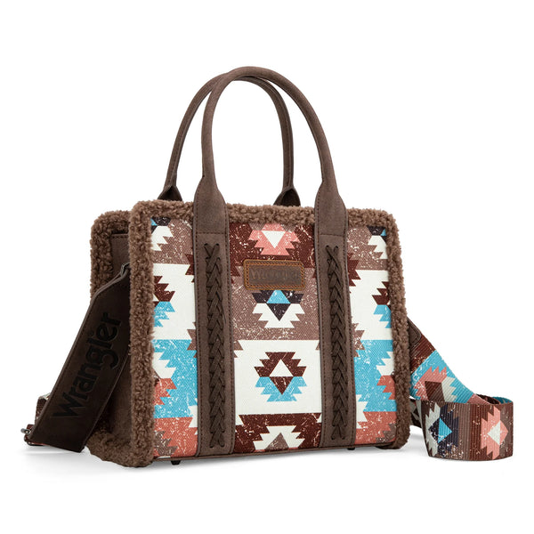 WG166-8120S Wrangler Sherpa Southwestern Print Small Canvas Tote/Crossbody Coffee