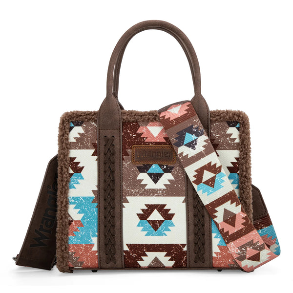 WG166-8120S Wrangler Sherpa Southwestern Print Small Canvas Tote/Crossbody Coffee